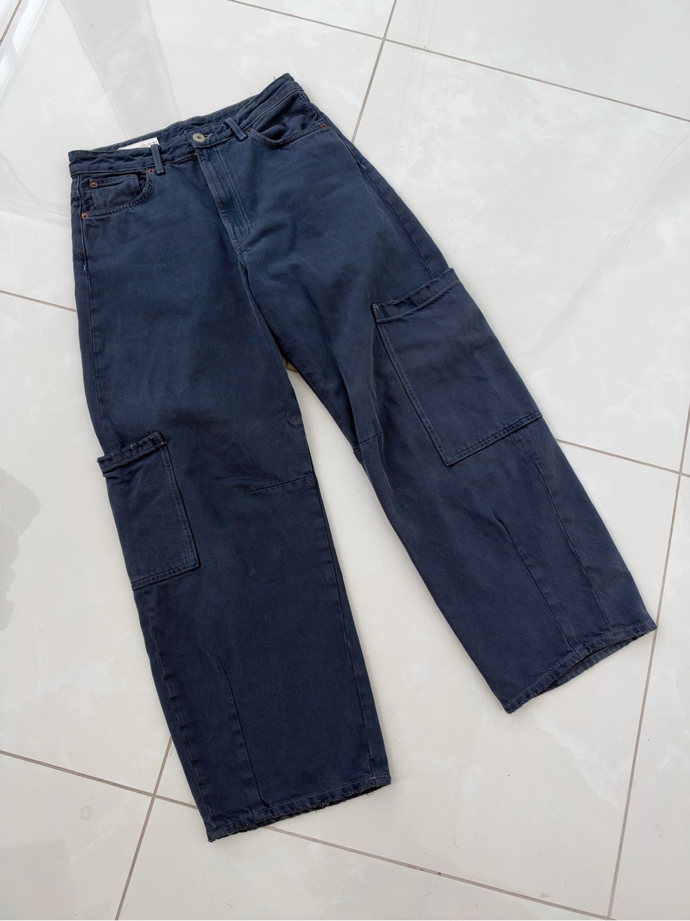 ZARA | Women's Navy Black Cargo Jeans - Wide Leg Utility Pants